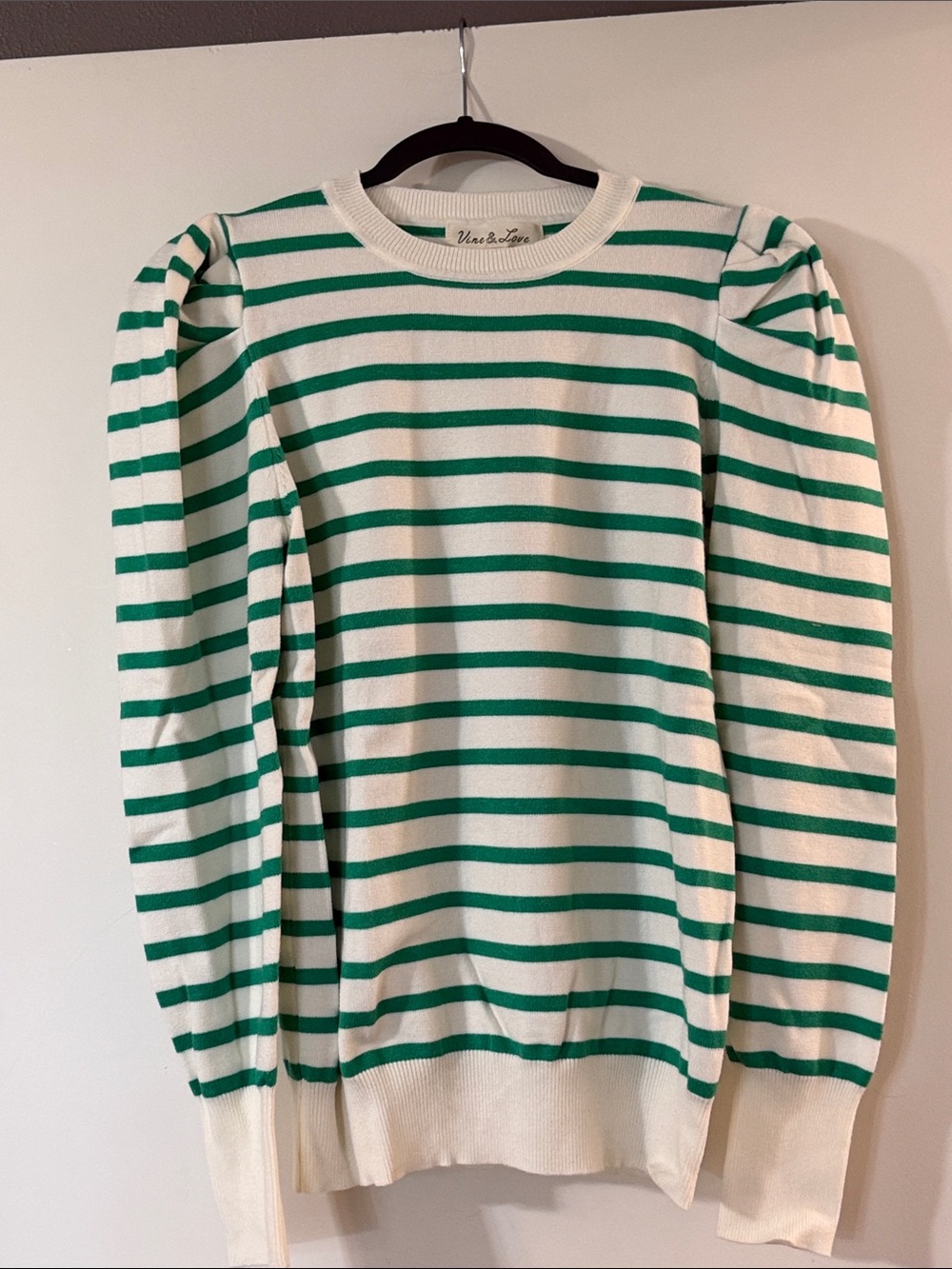 Vine & Love Cream and Green Striped Puff-Sleeve Crew Sweater